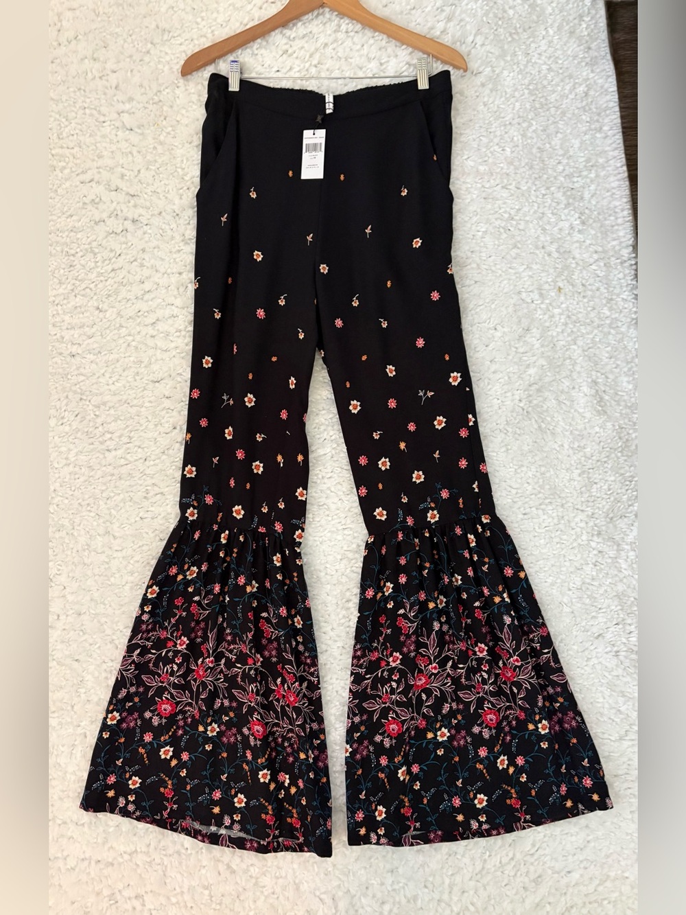 Black Floral Ruffle Bell Bottom Pants